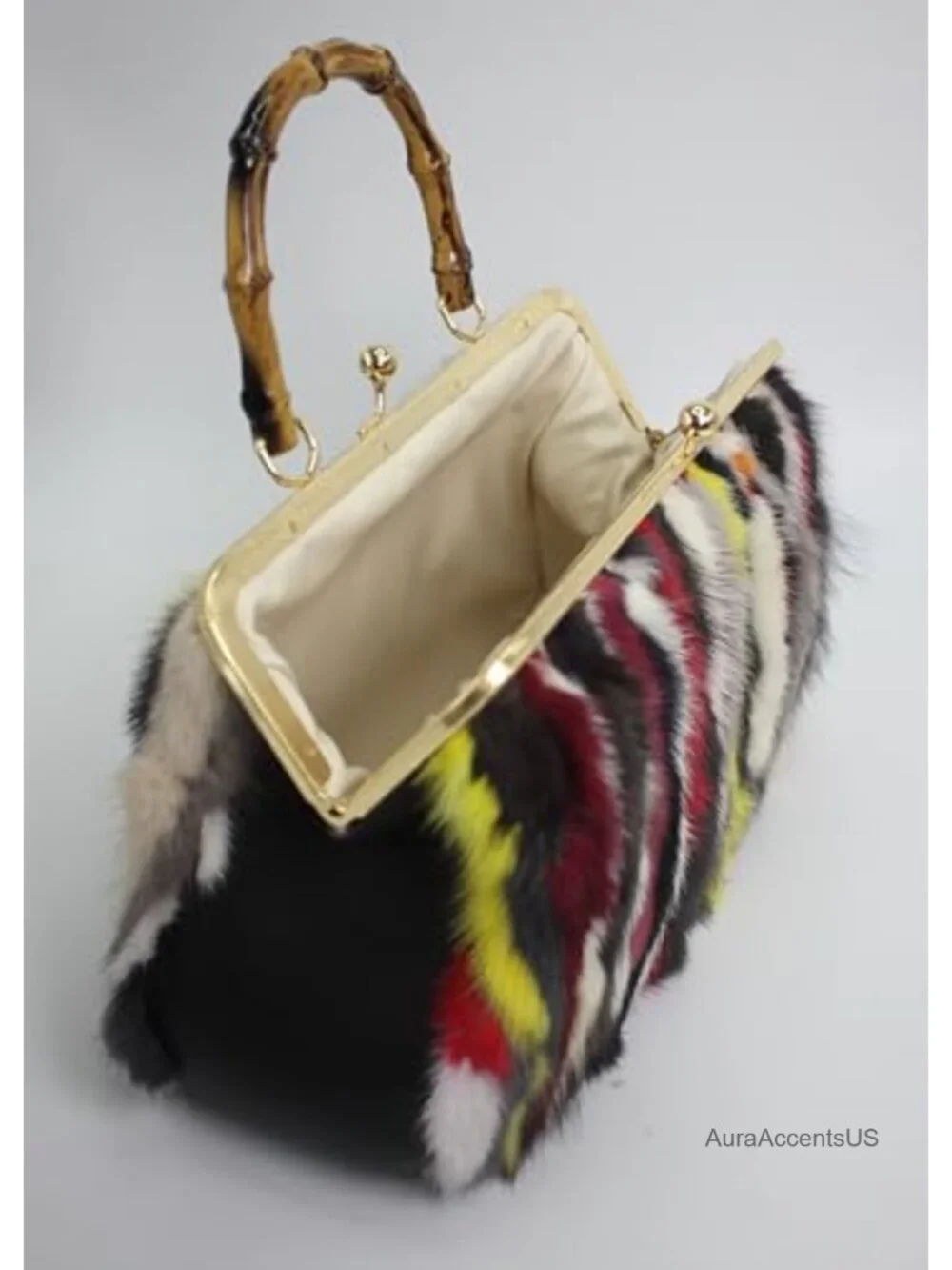 Genuine Mink Fur Animal Print Clutch with Kisslock Frame and Faux Wood Handle